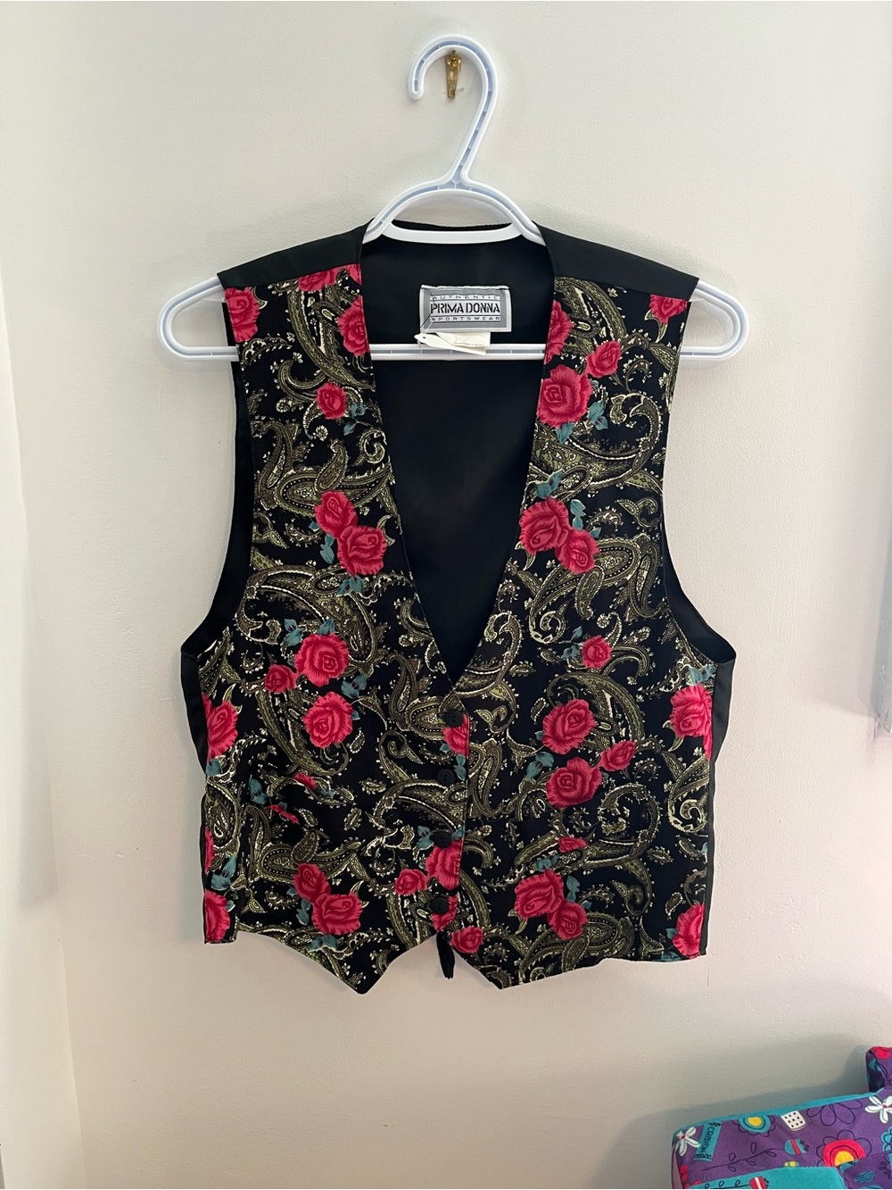 Vintage Prima Donna Black Floral Pink Rose Pattern Vest - Size Medium
